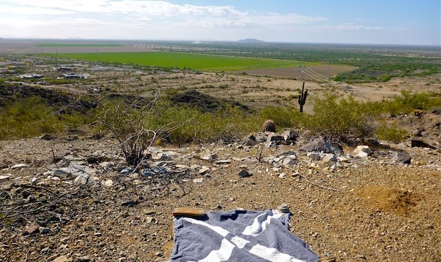 Looking south, back at Pecos Rd., from near Waypoint 6 (WP-6). The banner that looks like a Scottish Saltire is an aerial survey marker.