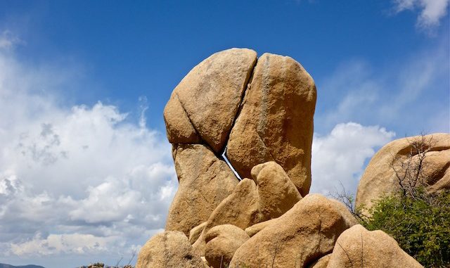 One of many interesting rock formations. Here, the left rock is held up by a groove, and the finely balanced right rock.