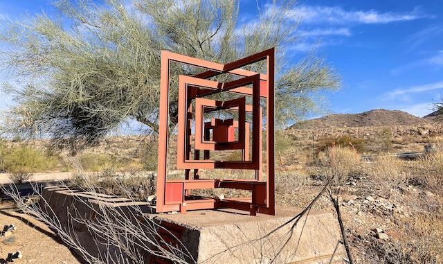 Sculpture marking entrance to Frank Lloyd Wright's Taliesin West and the start of this Maricopa Trail segment.