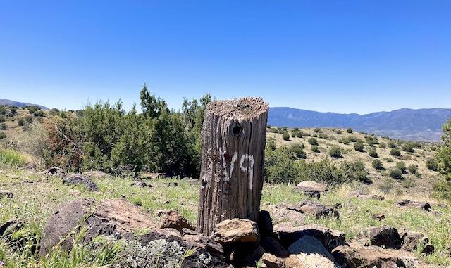 In the 1870s, General Crook Trail mileage was scratched in trees and rocks. In the 1970s, Boy Scouts replaced the missing rocks and fallen trees with a 24″ high logs, 4″ diameter, with the mileage etched & painted into the log.