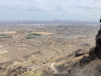 Looking down Hau'Pal Loop, and across Phoenix, to (left-to-right) Shaw Butte, North Mountain, Piestewa Peak, Mummy Mountain, Camelback Mountain and Papago Buttes. Most of the 1,000 ft. Hau'Pal Loop climb is visible.