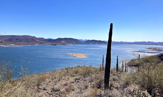 Lake Pleasant: Just below the summit of Yavapai Point, looking southeast across Ariel Island, towards Black Mountain. The TSMC chip fab, Middle Mountain, Pyramid Peak and Ludden Mountain were clearly visible in the distance. New Waddell Dam is behind Scorpion Bay Marina on the right.