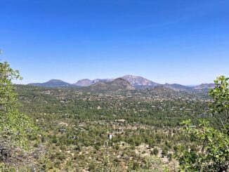 Looking northwest at Two Rock Mountain, Thumb Butte and Granite Mountain. (Little Granite Mountain barely visible behind Two Rock Mountain.)