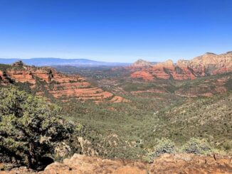 Schnebly Hill Vista, looking west down Casner Canyon, towards Sedona, Steamboat Rock, Wilson Mountain, and Capitol Butte. Mingus Mountain and Woodchute Mountain are far left.