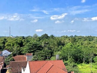 Looking southwest from our hotel room: Teal-domed Masjid Darus Sholah (left), 580 ft. Bukit Jenggawah hill (distant middle), and Jember Sport Garden Stadium (right). Mount Bromo is much taller ...