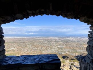 South Mountain Park: Looking northwest from inside Dobbins Lookout. North Mountain is visible past downtown Phoenix (right).