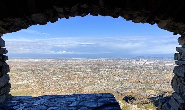 South Mountain Park: Looking northwest from inside Dobbins Lookout. North Mountain is visible past downtown Phoenix (right).