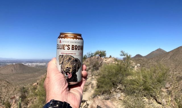 Enjoying a hiking beer atop Sunrise Peak. (That palo verde is the high point.)