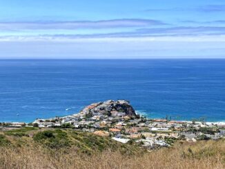 Emerald Point, viewed from Abalone Point Lookout. The panoramic view stretches (L-R) from Dana Point, past Laguna Beach, Two Rock Point, Emerald Point, Abalone Point, Crystal Cove, Catalina Island (distant), Reef Point, Palos Verdes (distant), and Pelican Point, to Newport Beach.